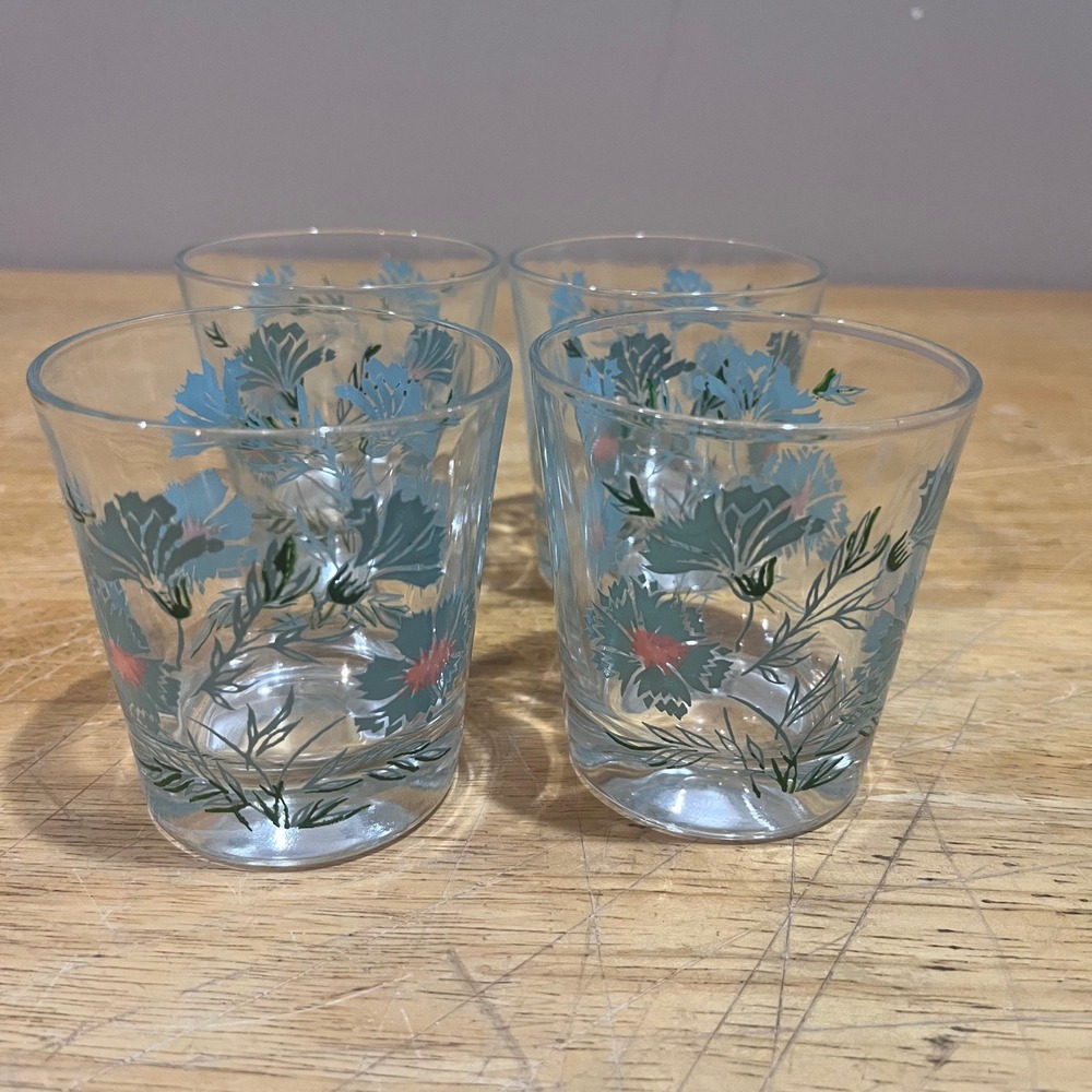 Vtg Taylor Smith & Taylor Teal Ever Yours Floral Juice Glasses Set of 4 MCM